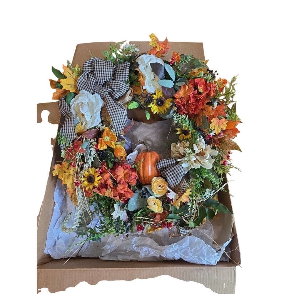Handmade Autumn Fall Wreath Pumpkin Sunflower Buffalo Plaid Farmhouse Orange...